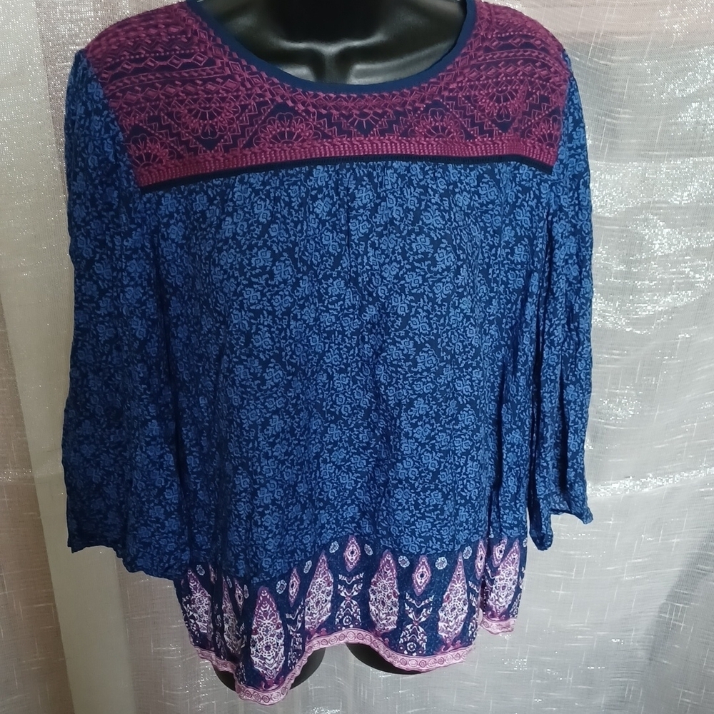 Lucky Brand l Blue Embroidered Tunic Top, L, 22" PTP, 24" L